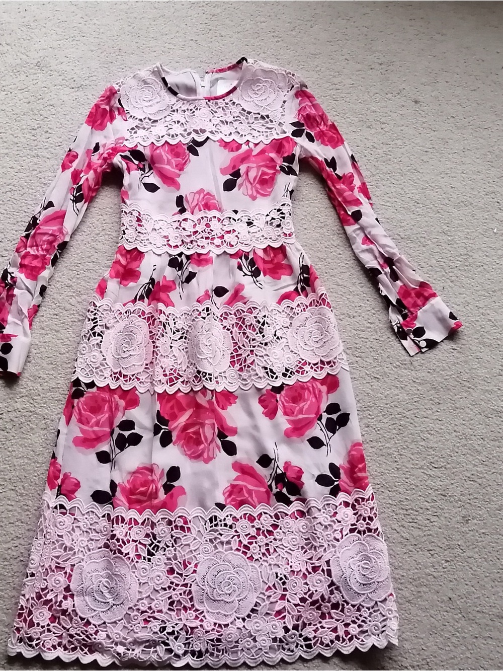 kate spade Pink and Black Floral Lace-Trim Long Sleeve Dress Size 0